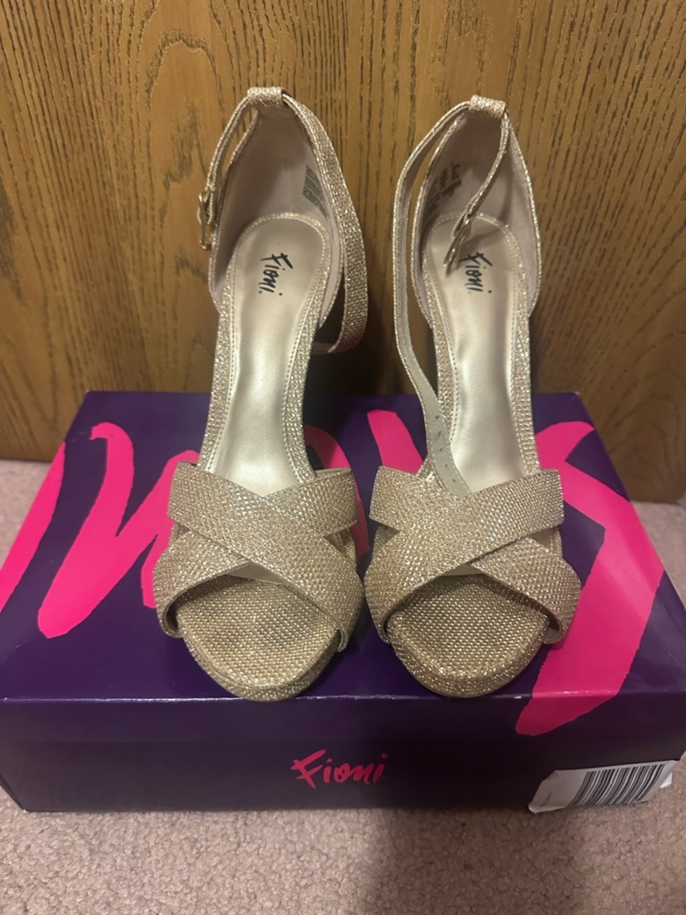 FIONI Clothing Glittery Gold Crisscross Open-Toe Heels